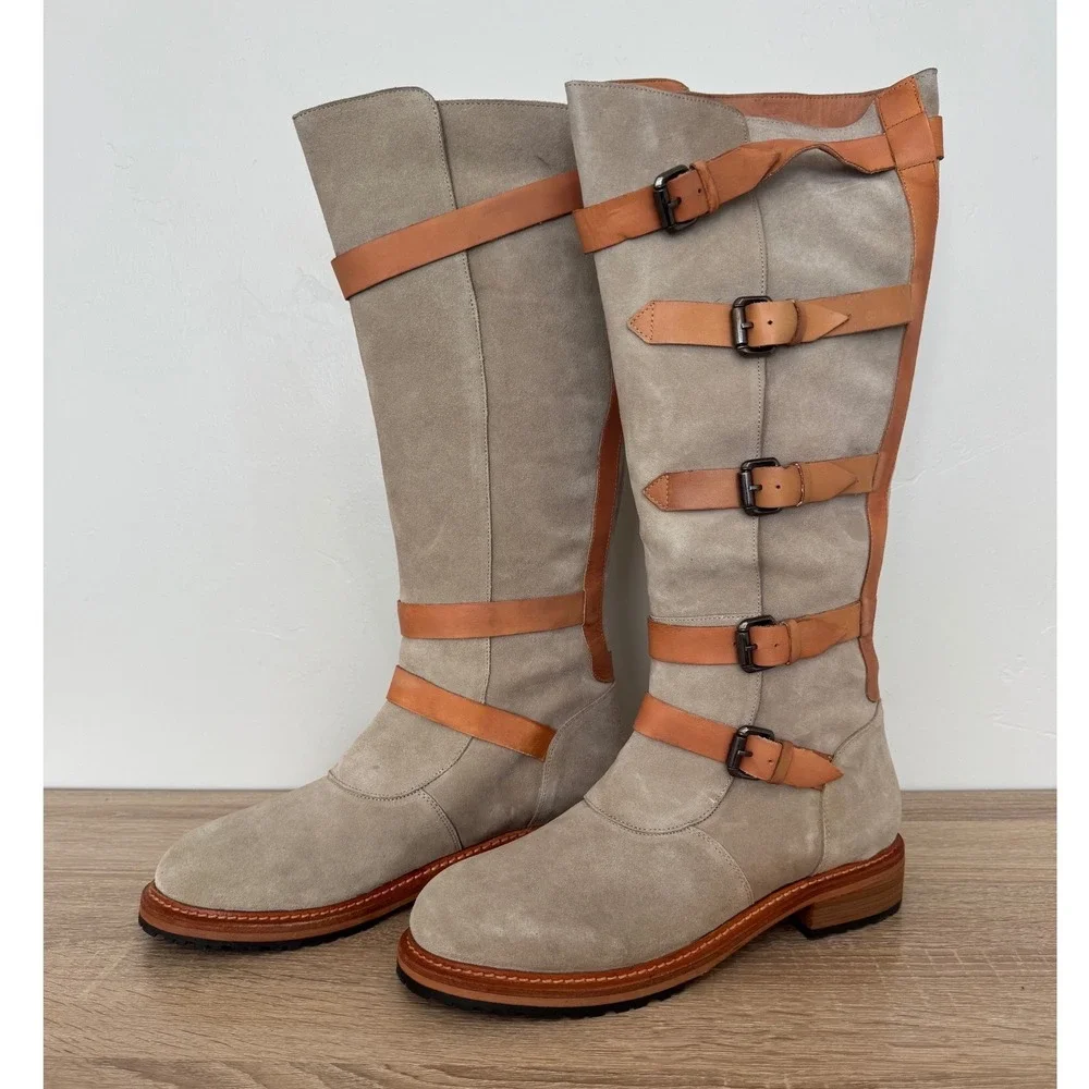 NEW Free People Tristie Buckle Boot Sand Leather Suede Tall Boho Equestrian 11